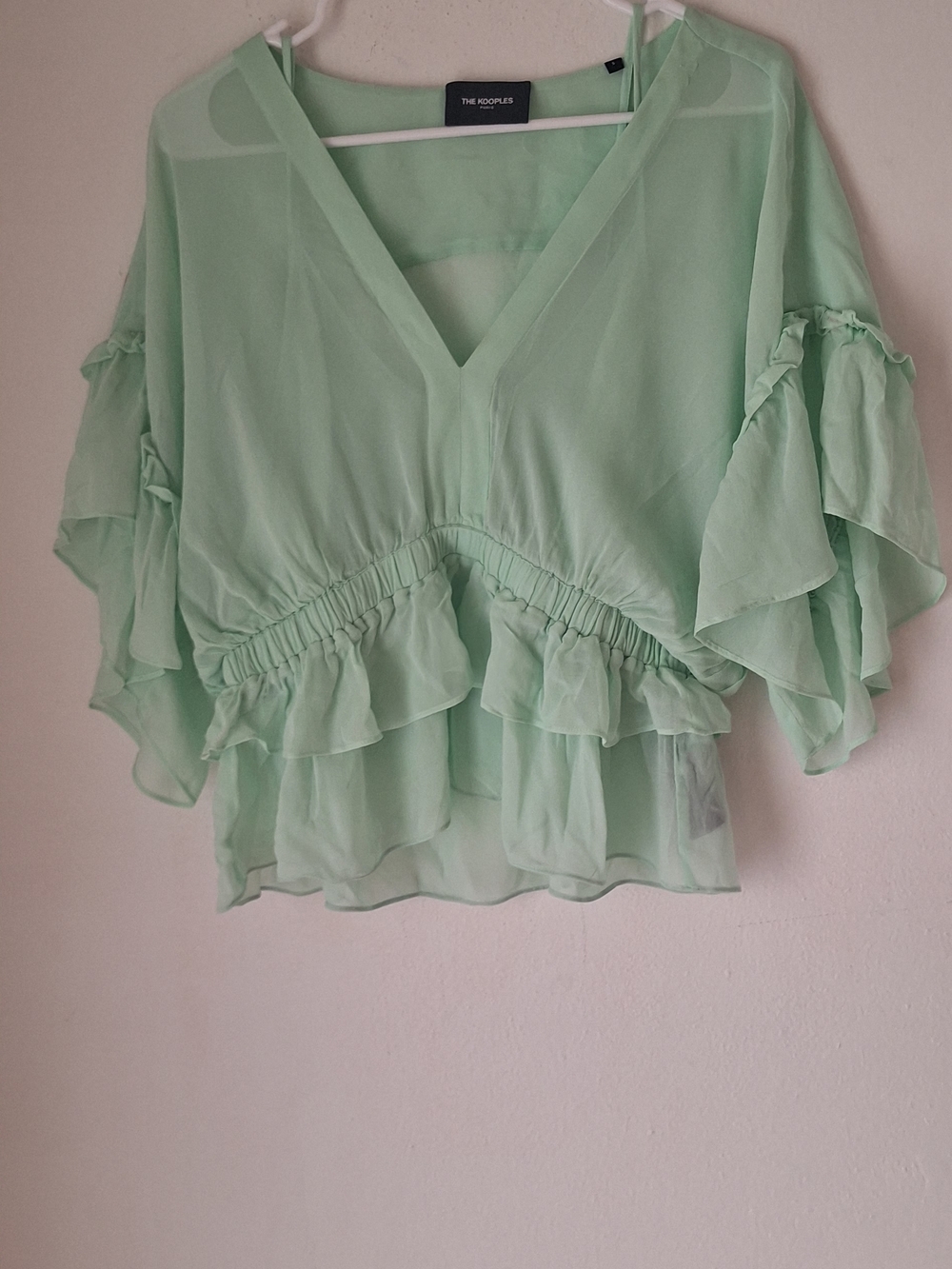 The Kooples Boho  Mint Green Ruffle V-Neck Blouse Sz 3 Or SMALL 100% VISCOSE
